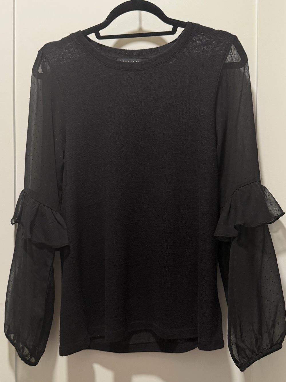 Sanctuary Black Sheer Dot Ruffle Sleeve Long Sleeve Top